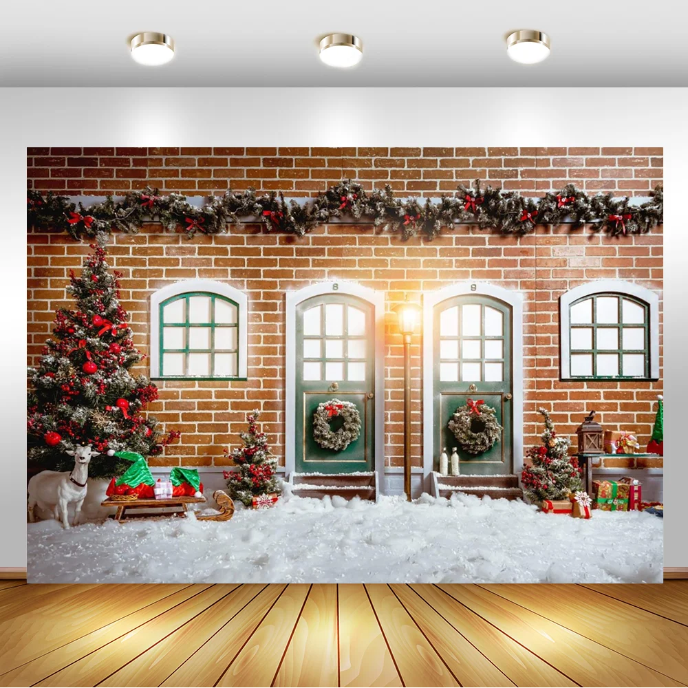 

Christmas Theme Backdrop Decorative Tree Gift Window Snow Sheep Red Brick Vintage Wall Photography Backdrops For Photo Studio