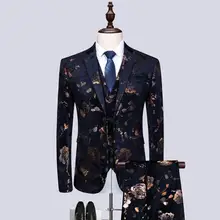 

Korean Version Slim Suit Three-piece Suit Blazer Vest Trousers Set Retro Printing Mens Stage Host Costume