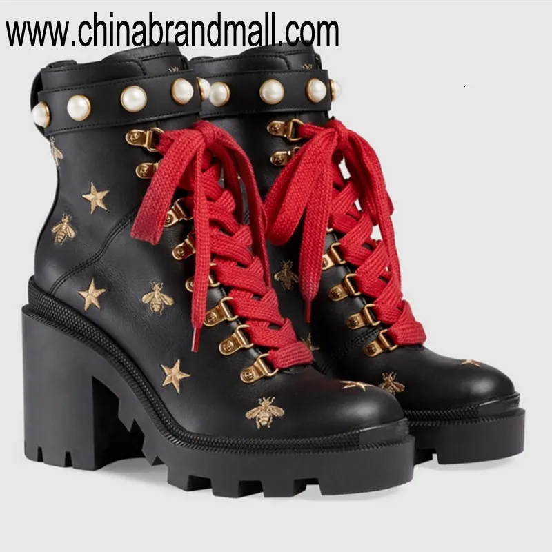 

Hot Selling American Ankle Boot Embroider Bees Shoes Square and High Heels Female Shoes leather boots