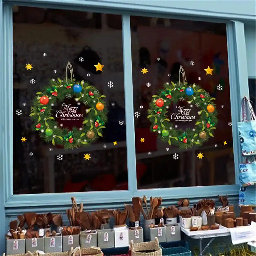 1 шт. 30*45 см Рождественский венок наклейки на стену витрина, стекло Праздничные наклейки Санты фрески Новогодние рождественские украшения