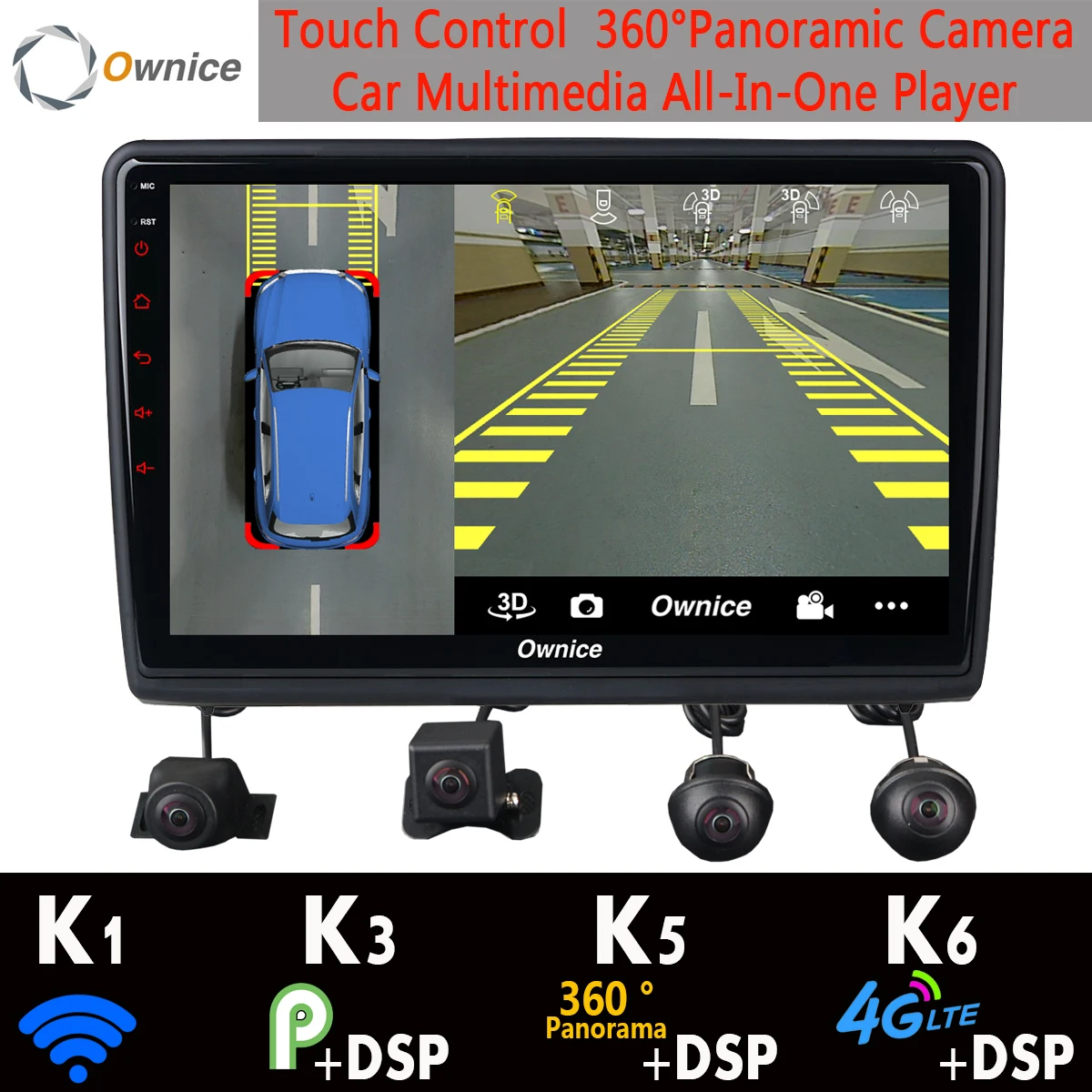 Автомобильный мультимедийный плеер 1DIN 360 ° 4 × DVR 4G SIM Android 9 0 8 ядер Гб + 64 ГБ SPDIF DSP