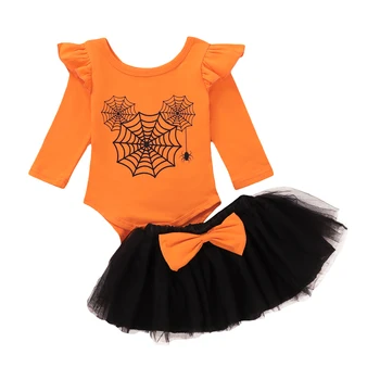 

Baby Girl Halloween Costumes Cotton Long Sleeve Spider Web Print Bodysuit + Bowknot Tutu Skirt Girls Outfits Set Newborn Outfit