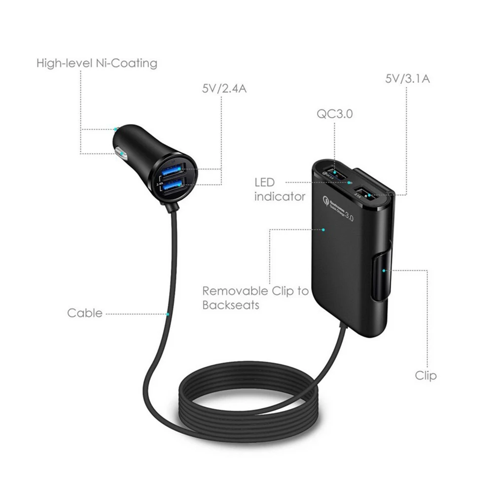 4 порта Быстрый 3,0+ A USB Автомобильное зарядное устройство Универсальный USB Быстрый адаптер с 5.6ft удлинитель Кабель для MPV автомобильный телефон