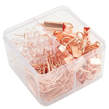 

226pcs Home Binding Assorted School With Storage Box Desktop Organizer Push Pins Rose Gold Office Supplies Metal Paper Clips Set
