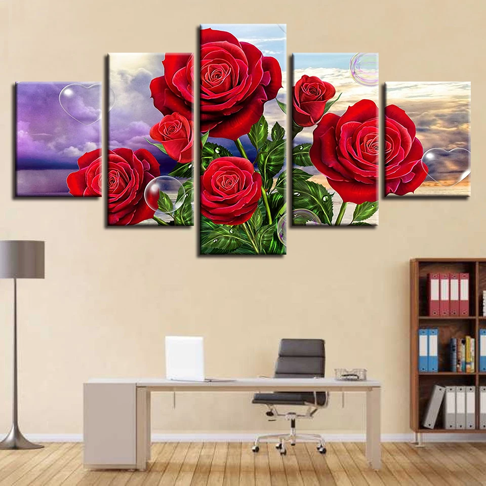 Imagenes enmarcadas HD impreso Decoracion современном 5 paneles hermosas rojas flores hogar sala de estar pared arte pintura