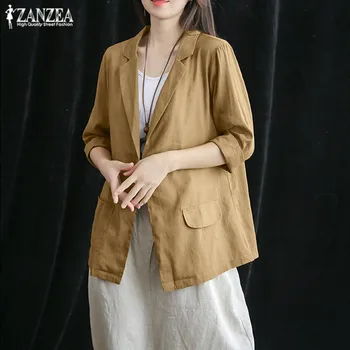 

ZANZEA 2020 Elegant Cotton Coats Women's Blazers Fashion Casual 3/4 Sleeve Shirts Female Single-button Jackets Plus Size Tunic