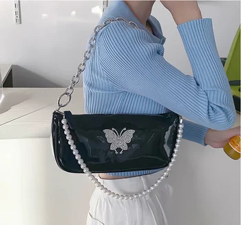 

Fashion women small bag baguette girl messenger shoulder bag patent zipper female vintage cute bag black 2558rt