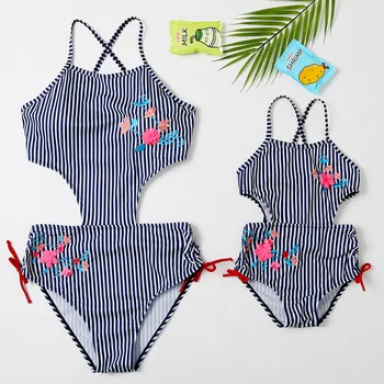 

Striped One-Piece Swimwear Mother Daughter Swimsuit Rose Mommy and Me Bath Suits Family Matching Clothes Women & Girls Beachwear