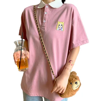 

Summer Sweet Women Short Sleeves T-Shirts Anime Sailor Moon Embroidery Pink Loose Tee Shirt Solid Kawaii Pullover Tops Plus XL