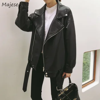 

Coat Women Leather Jacket Harajuku Casual Womens Jackets and Coats Korean Fashion Turn-down Collar Novelty All Match Zipper Soft