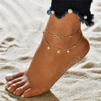 

VAGZEB 2020 New Charm Anklet Bracelet Two layers Chains Beach Anklets Peal Female Leg Chain Foot Jewelry Gift for Woman