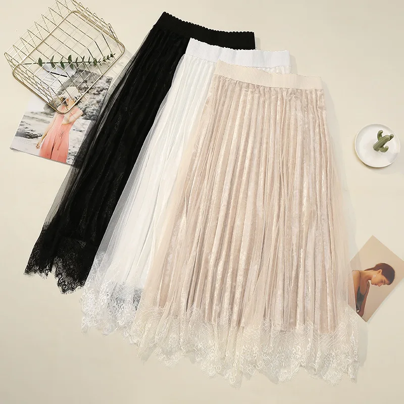 

[Attachment] Laziness-Style Eyelash Lace Velvet Pleated Mesh Skirt 2019 Korean-style High-waisted Drape Skirt 6745