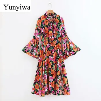 

2020 Bohemian Horn Sleeve Print Dress Casual Loose Women Dresses Long Sleeve Maxi Dress Elegant Clothes Vestidos