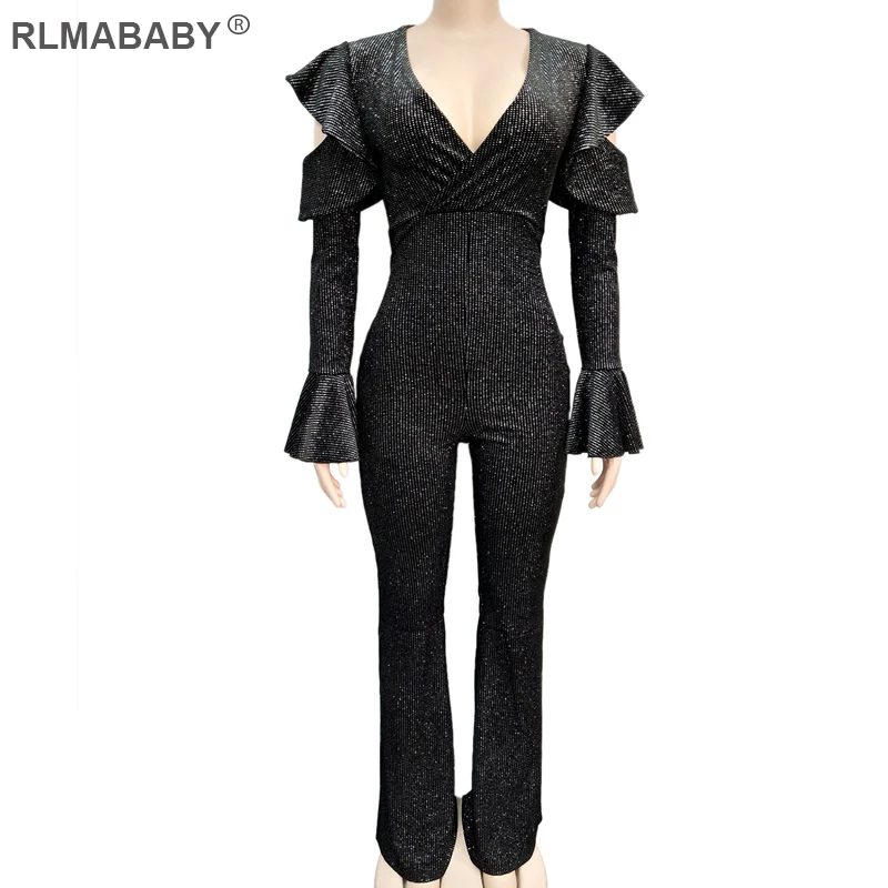 Black Jumpsuit RLMABABY сексуальный ромбик с v-образным вырезом и оборками женский комбинезон расклешенный рукав с открытыми плечами Облегающий комбинезон Повседневный длинный комбинезон - Цвет: Black Jumpsuit