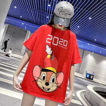

Streetwear tops women's T-shirt embroidery cartoon Harajuku Chinese red pokemon T-shirt summer new oversize loose casual women's