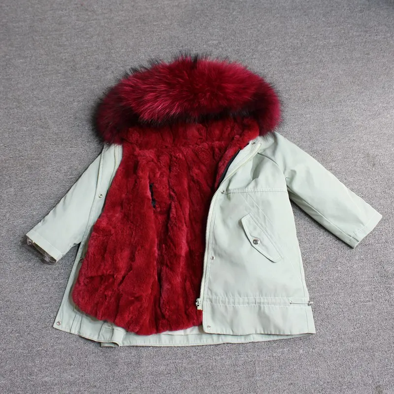green red fur Новинка года, настоящий мех кролика, парка для маленьких мальчиков зимнее пальто одежда для малышей зимняя куртка парки для девочек с капюшоном из енота - Цвет: green red fur