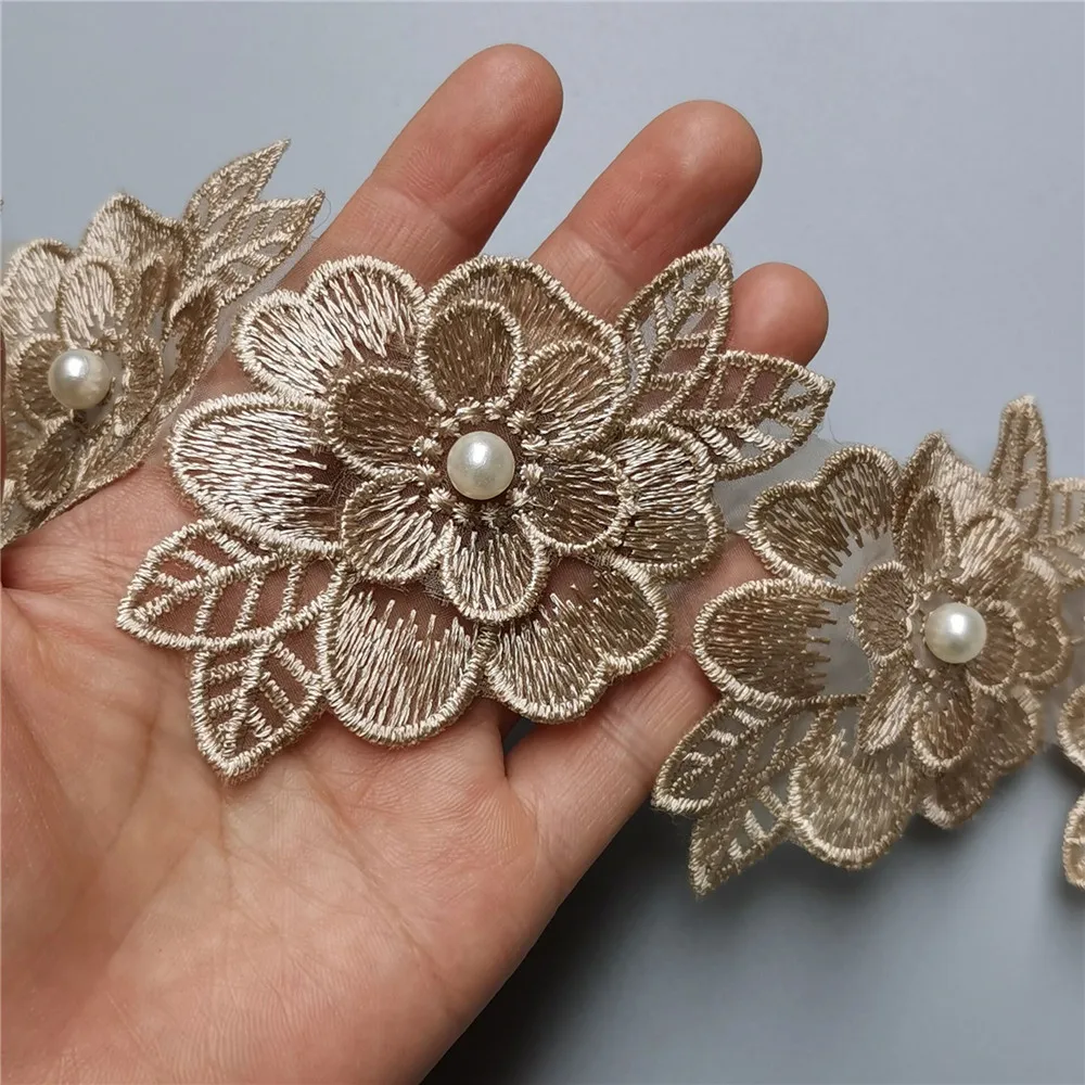 Lace Ribbon 10x Gold Pearl Flower Embroidered Edge Trim Fabric Patchwork Wedding Dress DIY Sewing Supplies 7.5cm*8cm