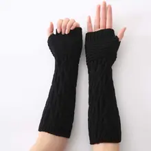 Женские мужские зимние толстые вязаные перчатки без пальцев, вязаные нарукавники в полоску, одноцветные эластичные варежки с отверстием для большого пальца