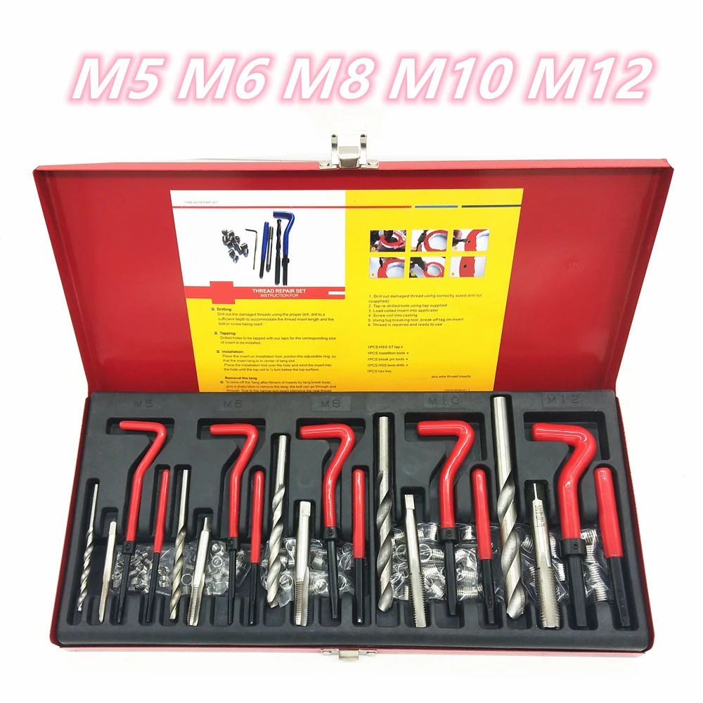 131 Pz/Set M5 M6 M8 M10 M12 Blocco Motore Ristabilisce I Danneggiato Tool Kit Di Riparazione Helicoil Grossolani Piede Di Porco Di Riparazione Auto St