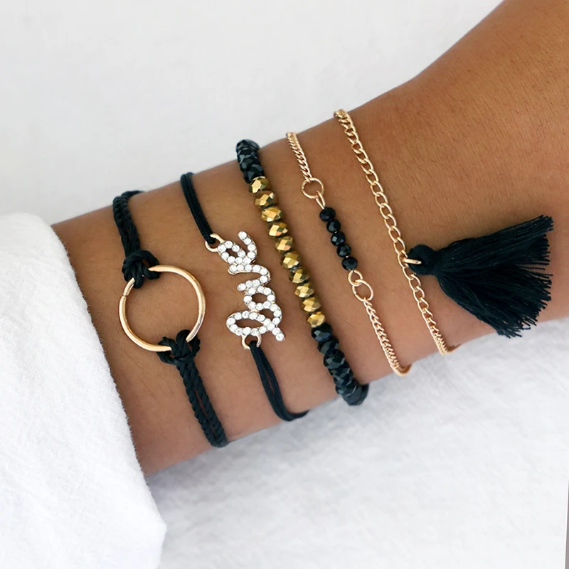 

Modyle Bohemian Black Beads Chain Bracelets Bangles For Women Fashion Heart Compass Gold Color Chain Bracelets Sets Jewelry Gift