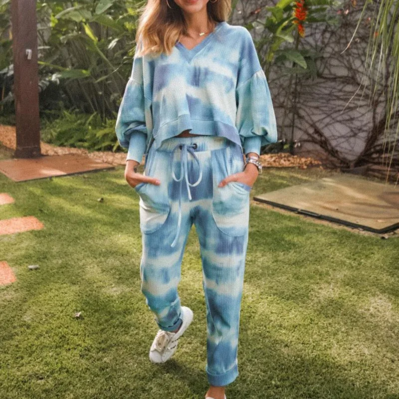 

Tracksuit Women Two Piece Pants Set Tie Dye Pullover Oversize Crop Top Lounge Wear Fall Chandal Dresy Ropa De Mujer Plus Size