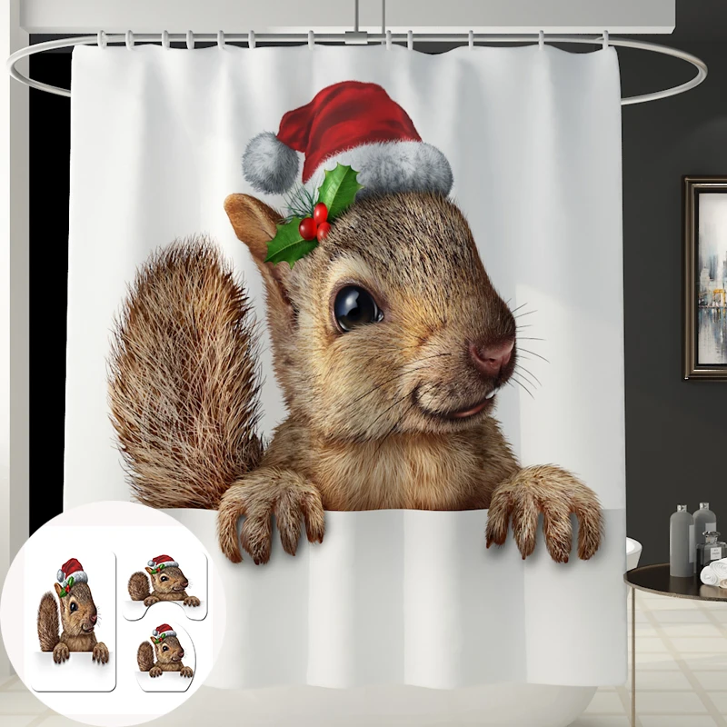 180 180cm Waterproof Bathroom Screen Christmas Squirrel Printing