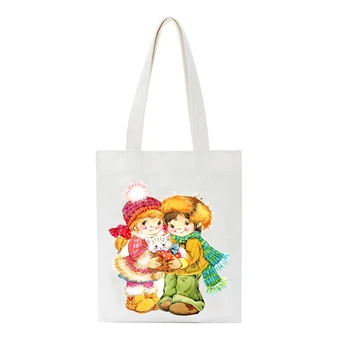 

SCCFMM Reusable Tote Travel Storage Bag Cute Girl Baby Printed Daily Use Cloth Handbag Eco Shopping Bag Canvas Tote Bag Casual