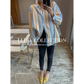 

los cotton and linen Korea single ~ plaid shirt for women in the spring of 2020 fashionable stripe long sleeve shirts