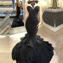 Черное Тюлевое платье русалки для выпускного вечера, роскошные вечерние платья без рукавов с бисером, Длинные вечерние платья, Vestido Gala Largo