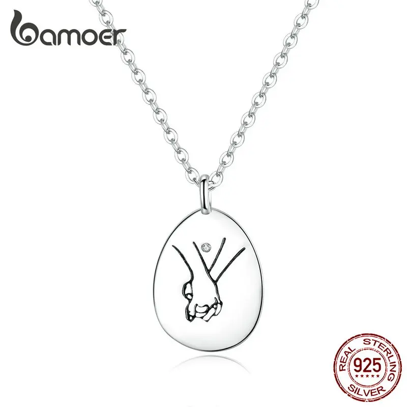 

bamoer Pendant Necklace for Women Authentic 925 Sterling Silver Hand by Hand Round Chain Neckalces Collar Gifts for Her SCN363