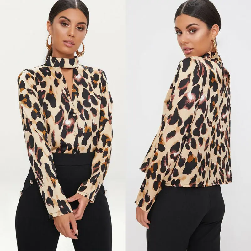 

Meihuida Office Lady Elegant Blouse Women Turtleneck Choker Neck Long Sleeve Sheer Leopard Printing Chiffon Blouse