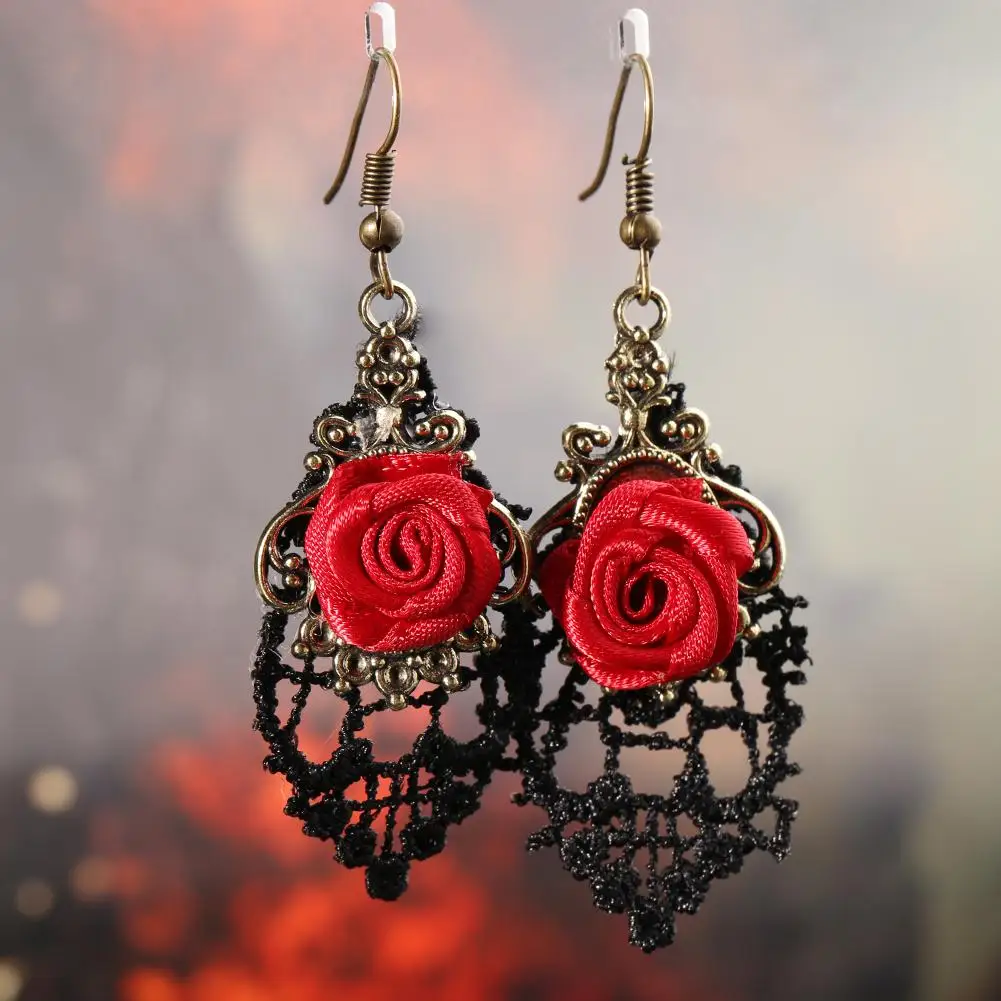 1 Pair Vintage Gothic Halloween Black Lace Red Flowers Dangle Earrings Long Womens Fashion | Украшения и аксессуары