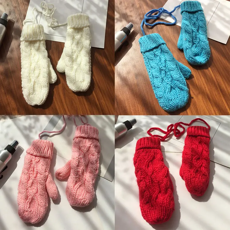 

Hanging Neck Gloves Full Finger Mittens Double-layer Thicken Solid Color Twist Crochet Hand Warmer Knitted Gloves