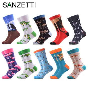 

SANZETTI 10 Pairs/Men Socks Happy Animal Style Casual Combed Cotton Comfortable Tiger Kangaroo Penguin Pattern Party Gift Socks
