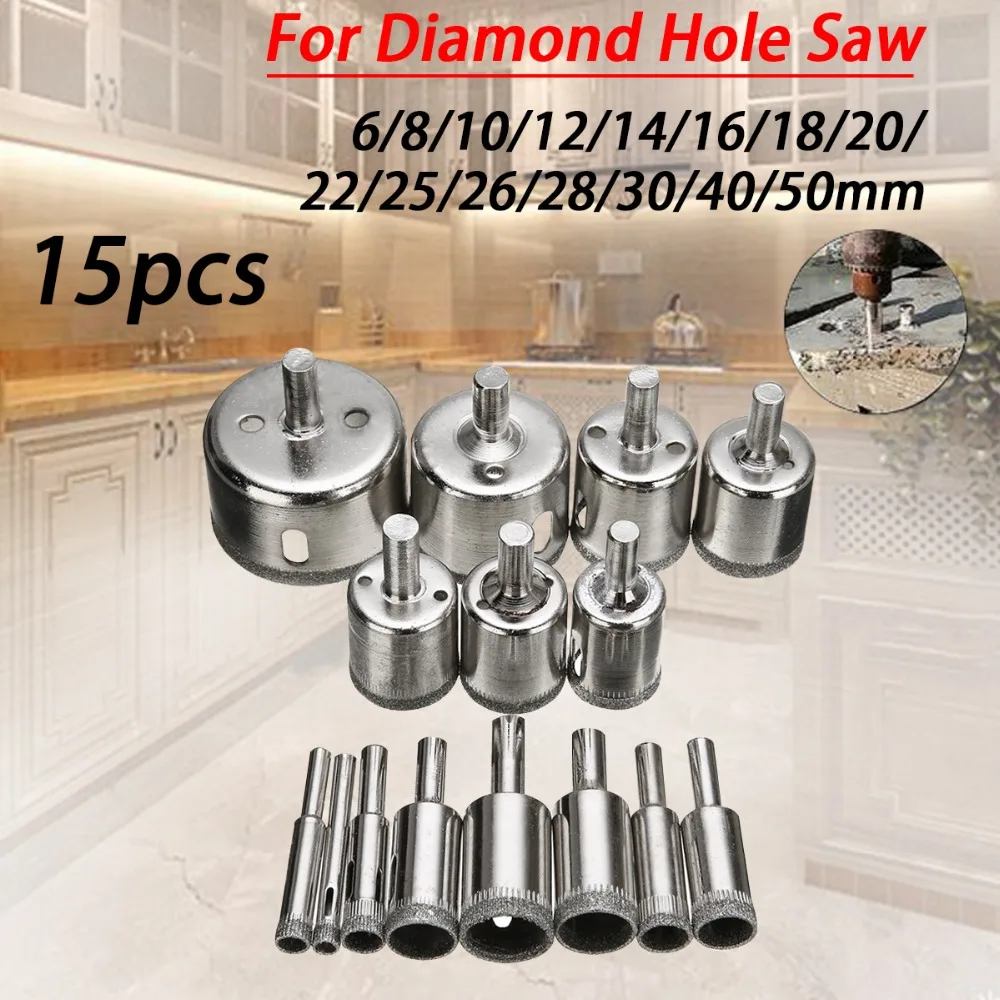 

6-50mm 15pcs Diamond Coated Drill Bit Set Tile Marble Glass Ceramic Hole Saw Opener Tool Kit Drilling Bits For Electric Drill