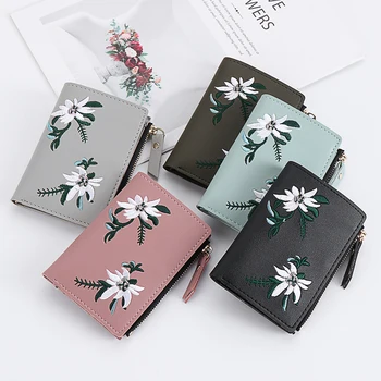 

FANLiLi Ladies Wallet Mini Folding Purse Embroidered Flower Pattern Zipper Wallet Card Holder Wallets and Purses Women Bags 2020