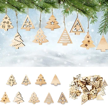 

50pcs Merry Christmas Eve Wooden Snowflake Mini Tree Pendant Window Sticker Winter Snow Decorations For Home 2020 Happy New Year