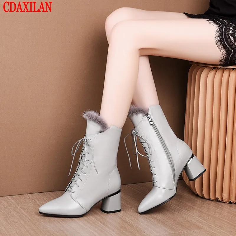 Skup CDAXILAN nowy buty damskie prawdziwa skóra bydlęca szpiczasty toe krzyż tied rozmiar zamek wysokiej obcas połowy  łydki buty jesień buty zimowe
