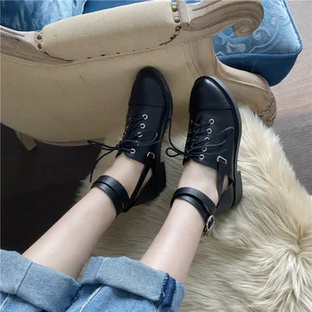 

Black Cool Martin Boots Round Toe Female British Style Retro Women's Shoes Thick Heels Short Boots Sandals Ankle Strap Shoes