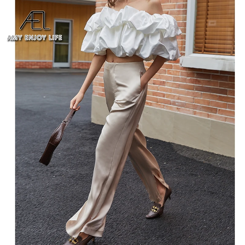 AEL Summer Wide Leg Pants For Women Trousers High Waist Satin Wide Pant 2020 Casual Apricot Women Summer Pants Formal Woman AEL Summer Wide Leg Pants For Women Trousers High Waist Satin Wide Pant 2020 Casual Apricot Women Summer Pants Formal Woman