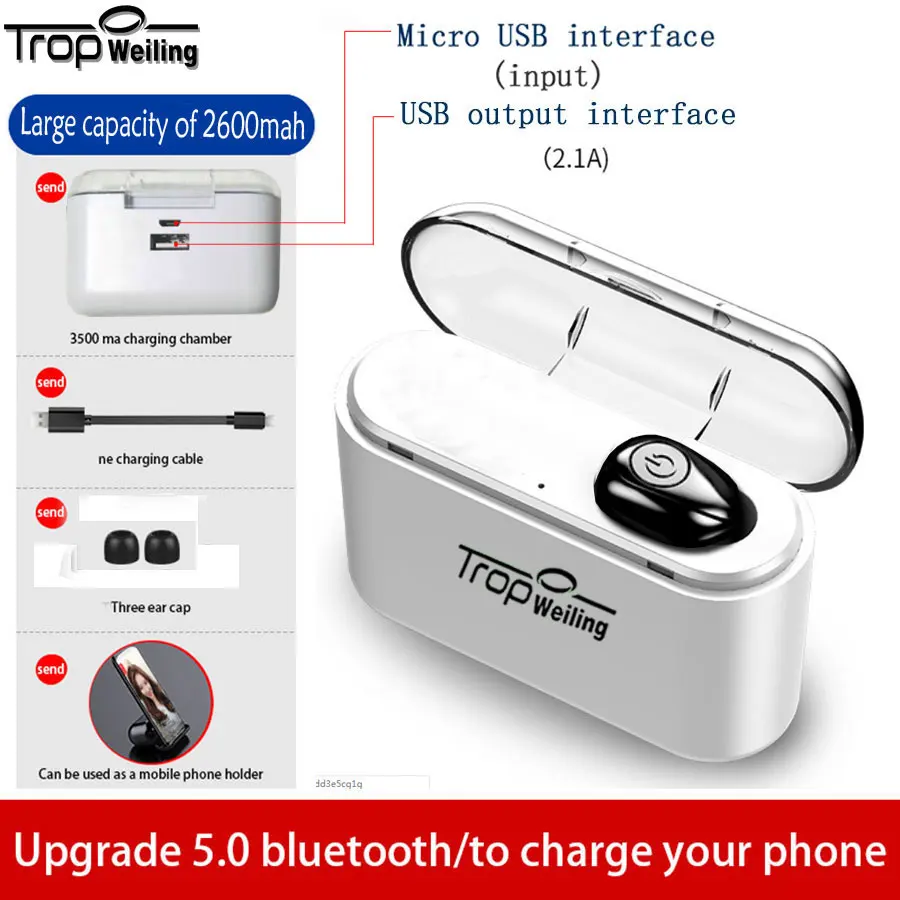 Беспроводные наушники TROP WEILING Mini Dual V5.0, Bluetooth наушники, 3D стерео звук, наушники с двойным микрофоном и зарядным устройством - Цвет: T-X8-White-B-S1