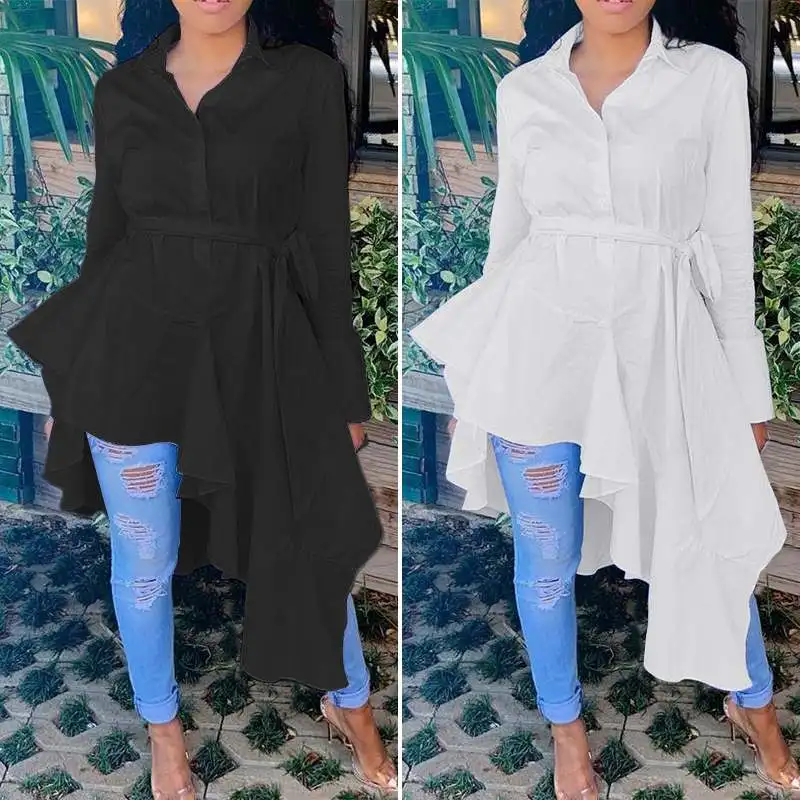 Мода ZANZEA весна лацкане шеи длинная рубашка Vestido для женщин Асимметричная блузка элегантный длинный рукав высокая низкая Blusas OL Работа Топы