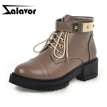 

ZALAVOR Women Pu Leather Ankle Boots Buckle Chunky Heels Outdoor Round Toe Platform Short Boots Winter Botas Size 34-40