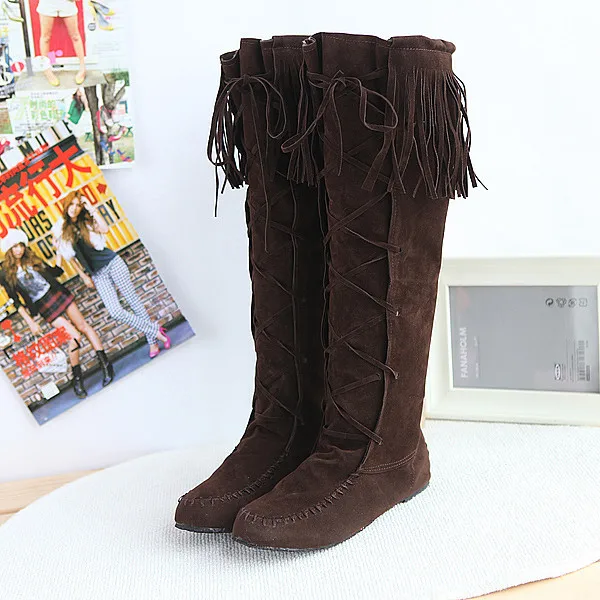 

Europe And America Large Size WOMEN'S Shoes Dull Polish Boots Thigh Boot Bandage Cloth Sleeve Flat Fringed Boots]