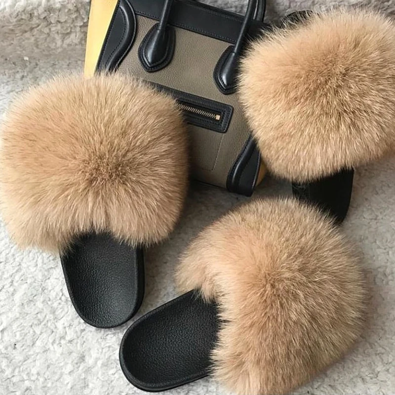 

New Fluffy Real Fox Raccoon Fur Star Slides Sweet Lady Fur Slippers Furry Sandal Flip Flops Home Fuzzy Female Casual Plush Shoes