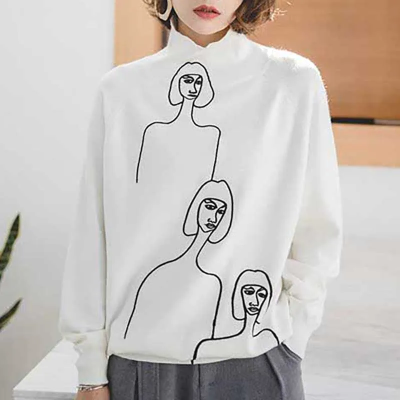 Ladies Spring White Turtleneck Sweaters Female Fashion Abstract Character Embroidery Knitting Tops Casual Long Sleeve Tops Ladies Spring White Turtleneck Sweaters Female Fashion Abstract Character Embroidery Knitting Tops Casual Long Sleeve Tops