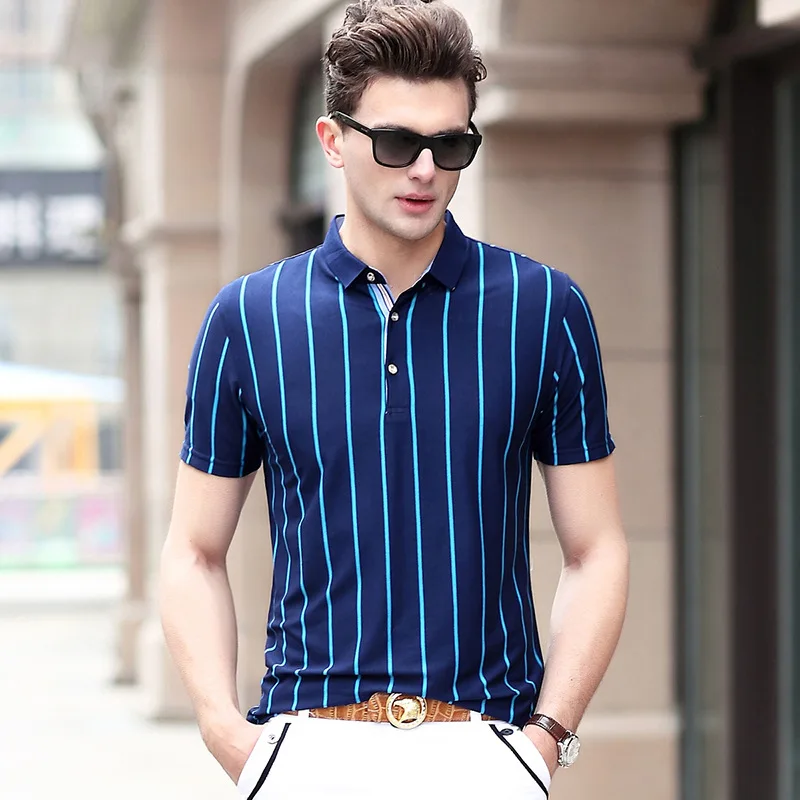 

Summer Men's Vertical Striped Short-sleeved T-shirt Casual Trend Fold-down Collar Men Slim Fit Short Sleeve T-shirt D801