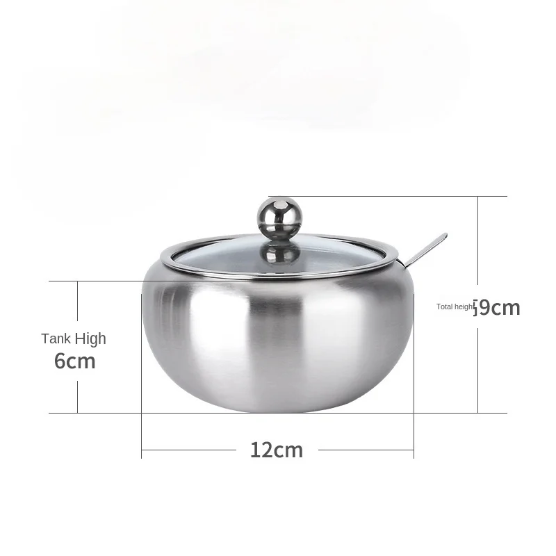 Cutie de condimente de bucătărie, zahăr mare din oțel inoxidabil, cu capac din sticlă transparentă și lingură JU32321