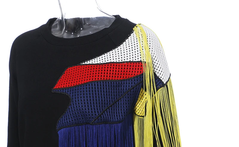 TWOTWINSTYLE Patch Designs Tassel Women Sweatshirts Long Sleeves Hit Color Asymmetrical Autumn Sweatshirt Female Clothing