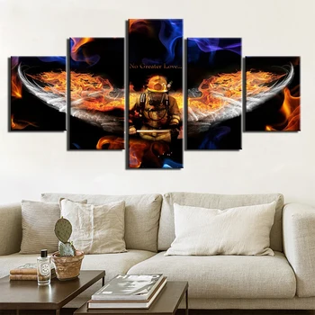 

Modular Pictures 5 Panels Firefighter Painting on Canvas No Greater Love Posters and Prints Wall Art Home Decor for Living Room